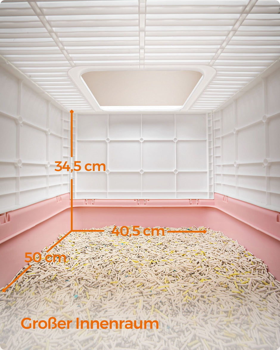 Kattlåda med lock och skopa, rymlig vit-pastellrosa