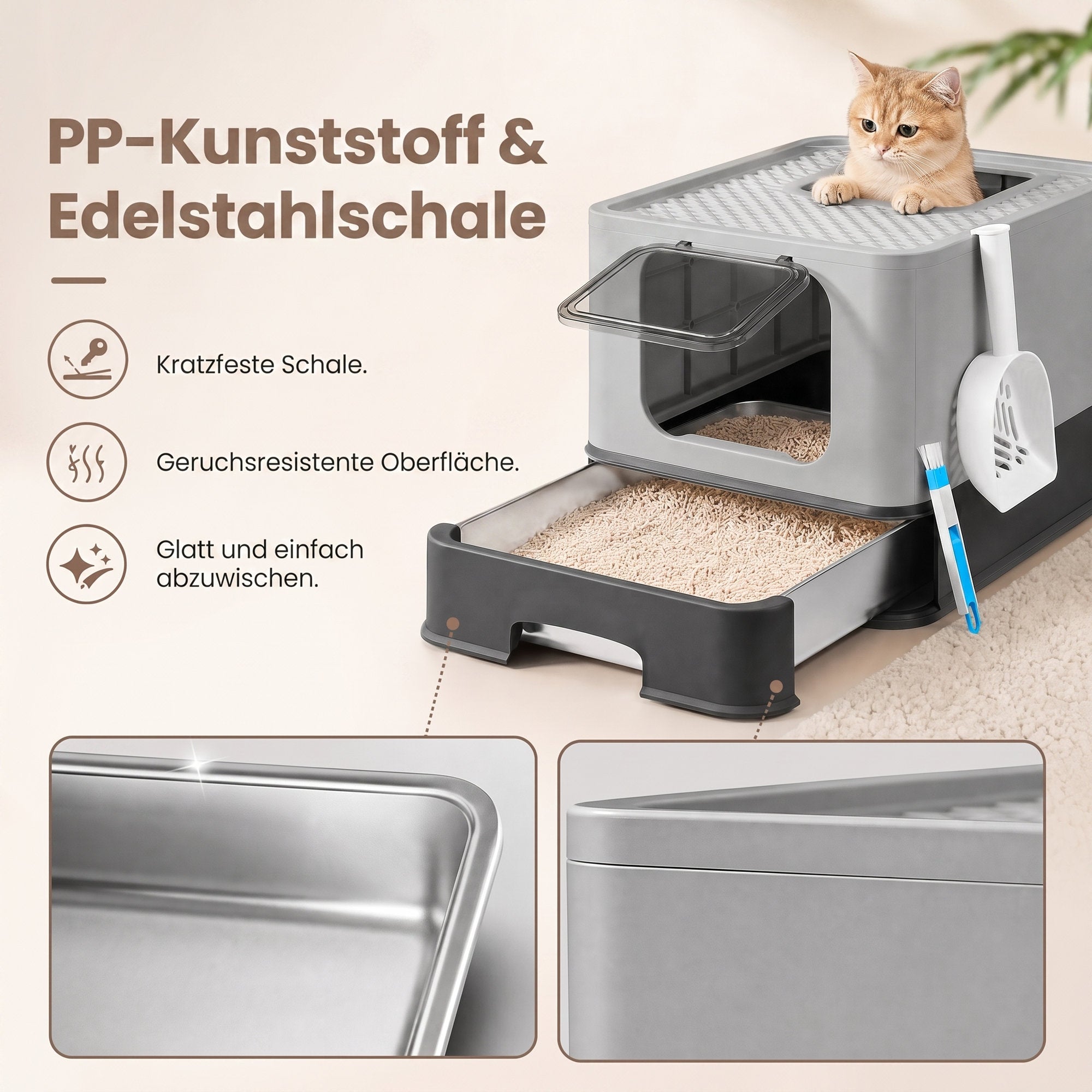 Kattenbak met Lade - Roestvrij Staal - 2 Ingangen - Met Schepje - Antracietgrijs
