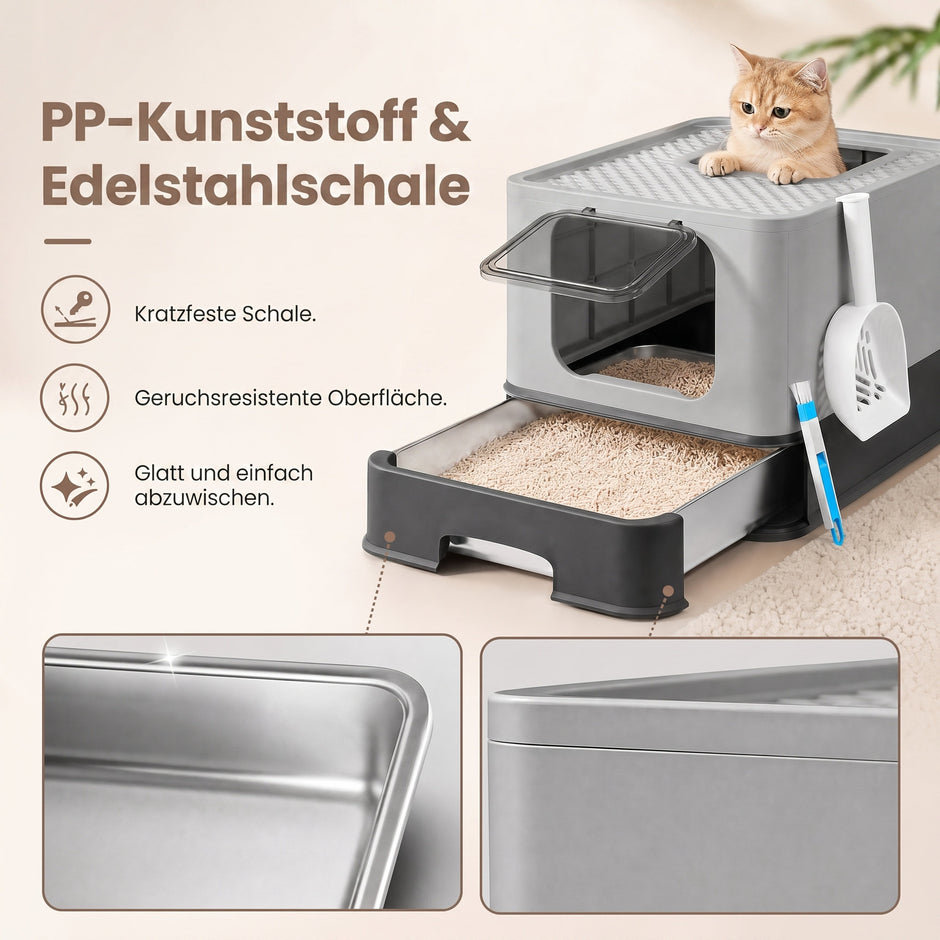 Kattenbak met Lade - Roestvrij Staal - 2 Ingangen - Met Schepje - Antracietgrijs