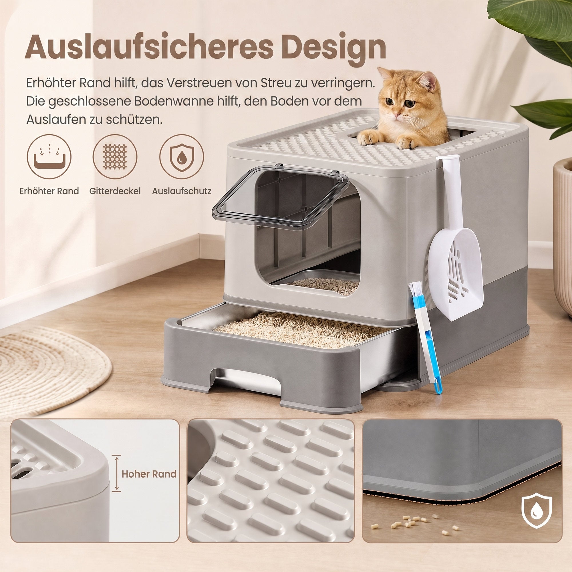Kattenbak met Lade - Roestvrij Staal - 2 Ingangen - Met Schepje - Lichtgrijs