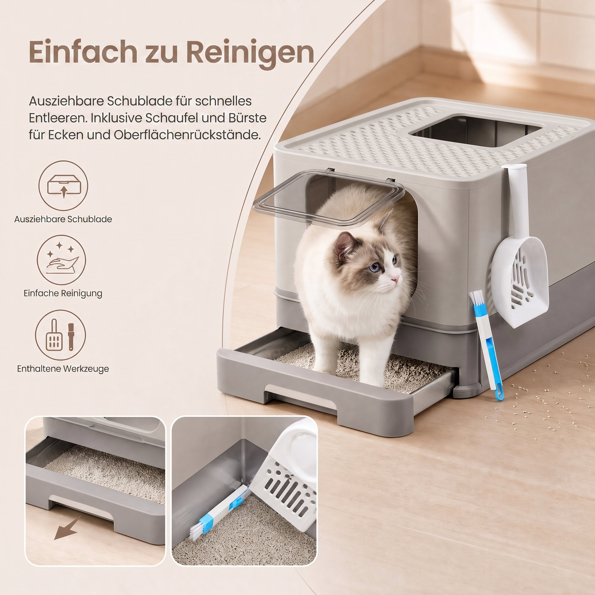 Kattenbak met Lade - Roestvrij Staal - 2 Ingangen - Met Schepje - Lichtgrijs
