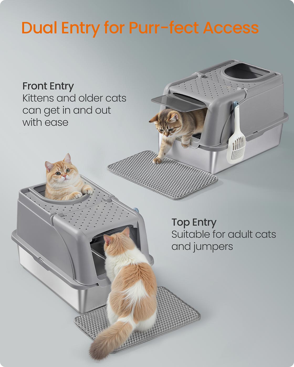 Kulllåda gjord av rostfritt stål med skopa och pensel, duvagrå