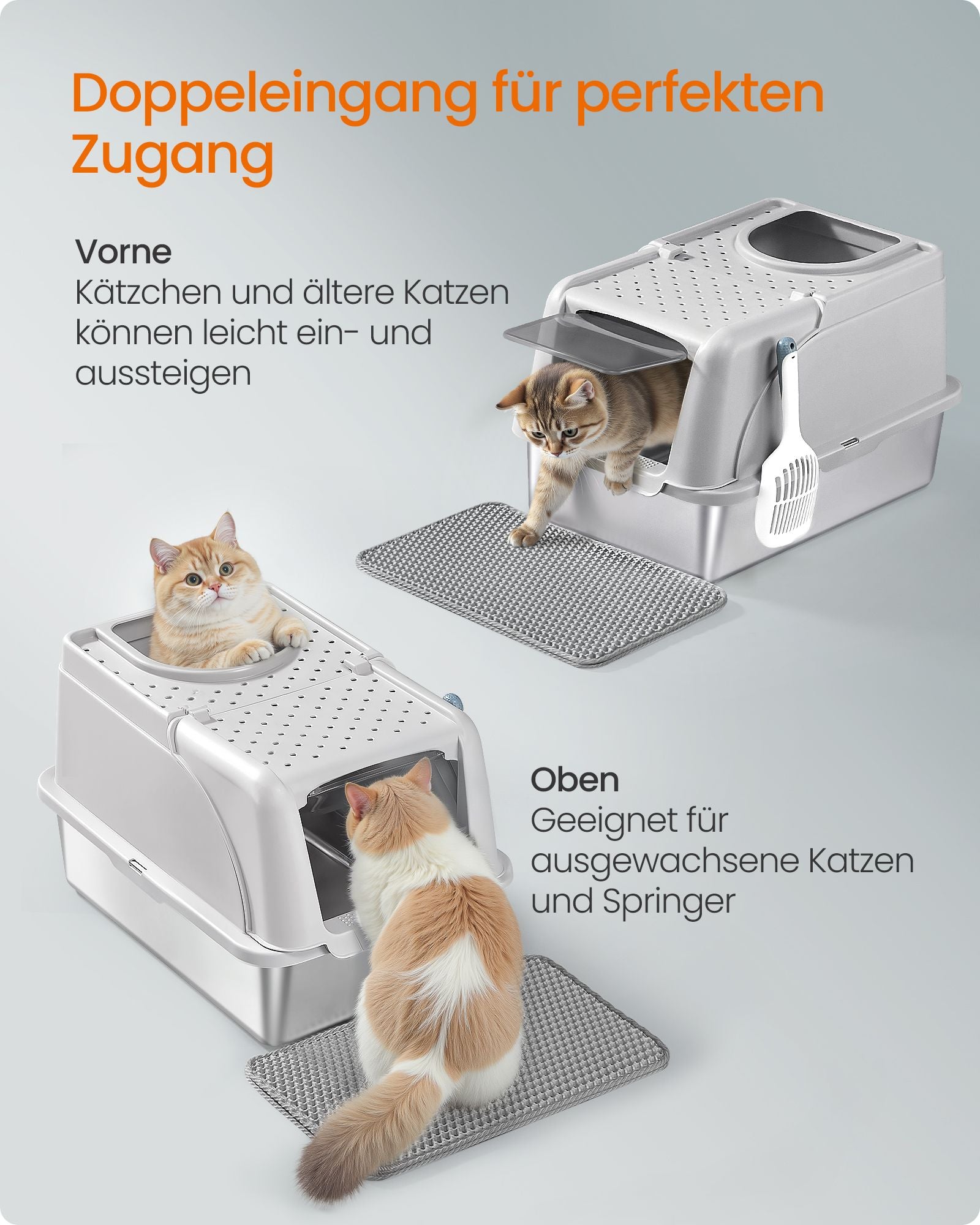 Kattenbak - Van Roestvrij Staal - Met Hoge Rand en Schep - Lichtgrijs - 61 x 40 x 36,5 cm