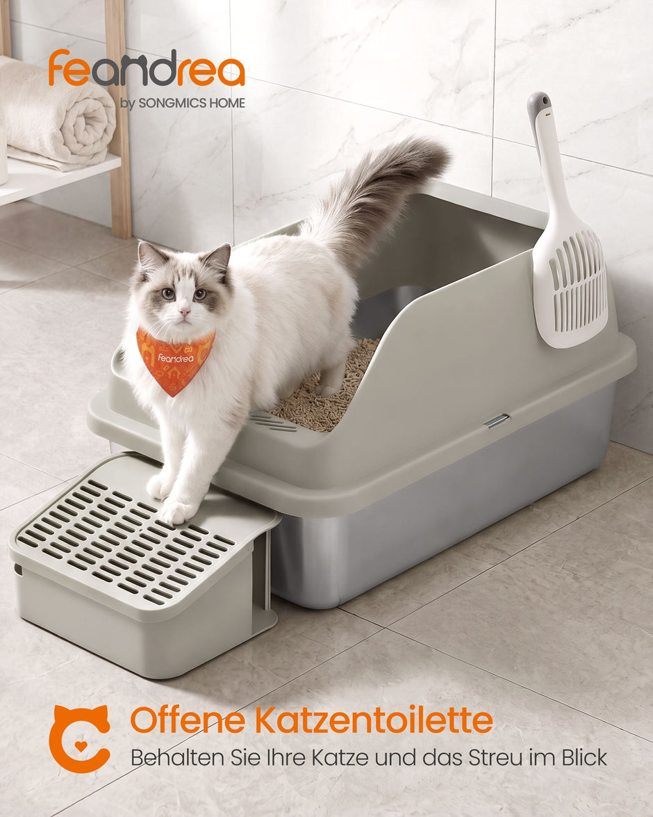 Kattenbak - Van Roestvrij Staal - Met Hoge Rand en Schep - Koffiebruin - 61 x 41 x 30,2 cm