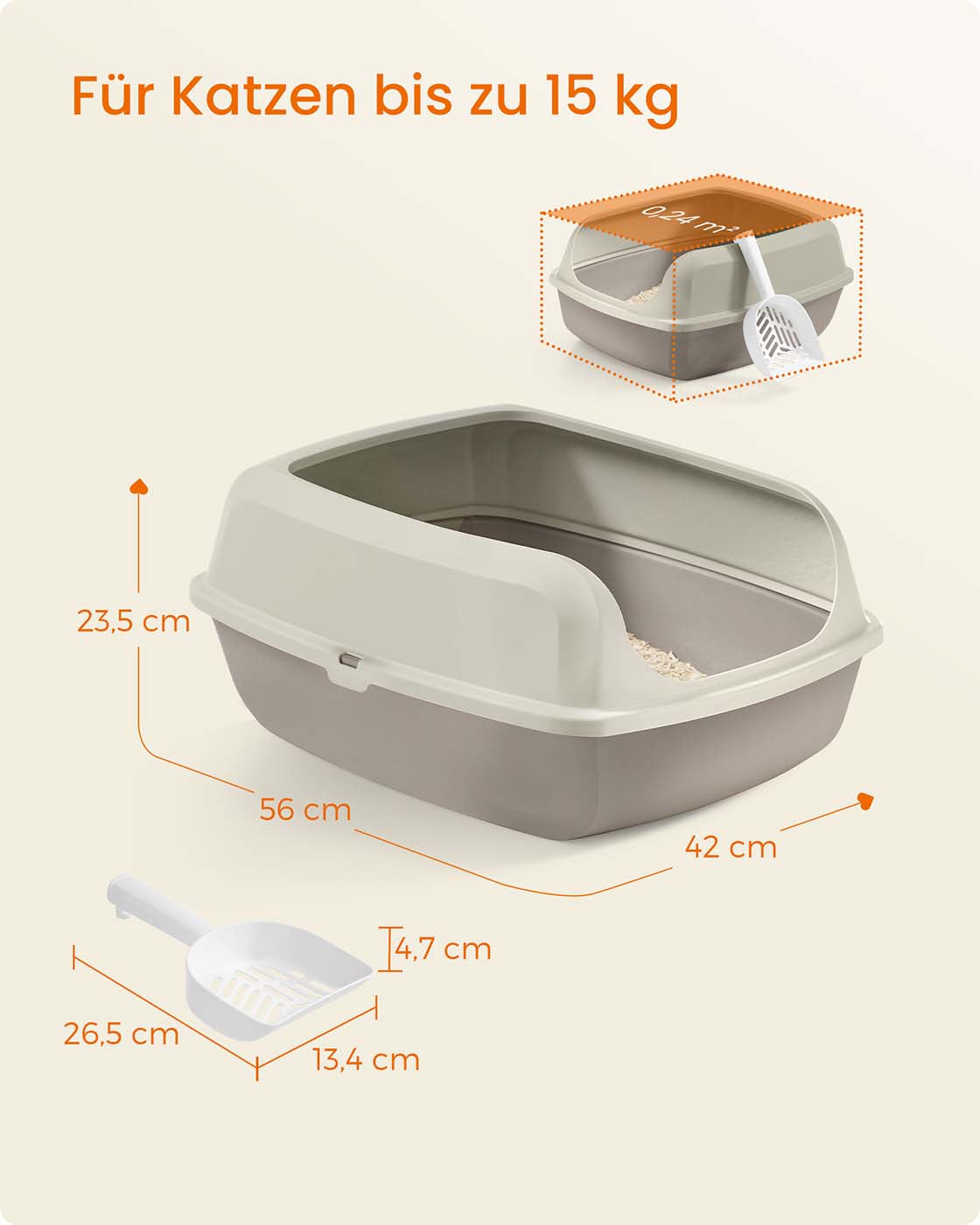 Kattlåda – Öppen modell – Höga sidor och skopa – Hygienisk design