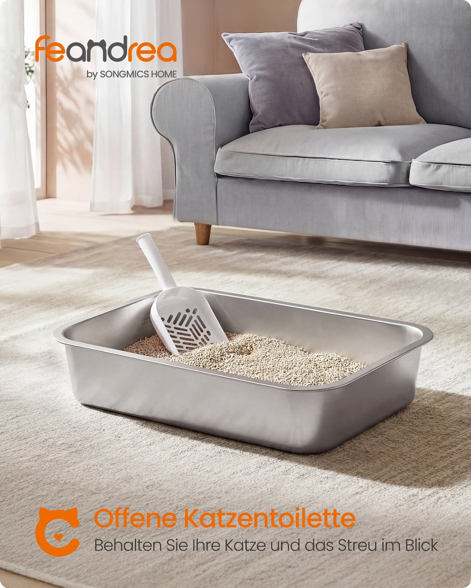 Kattenbak - 50 x 35 x 15 cm - roestvrij staal - zilver - voor middelgrote en grote katten