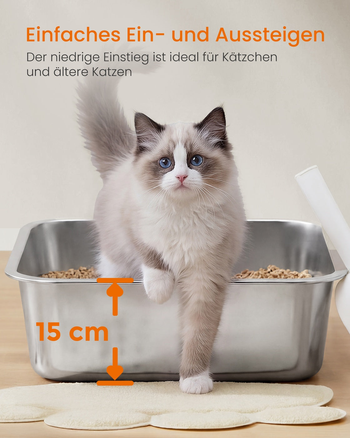 Kattenbak - 50 x 35 x 15 cm - roestvrij staal - zilver - voor middelgrote en grote katten