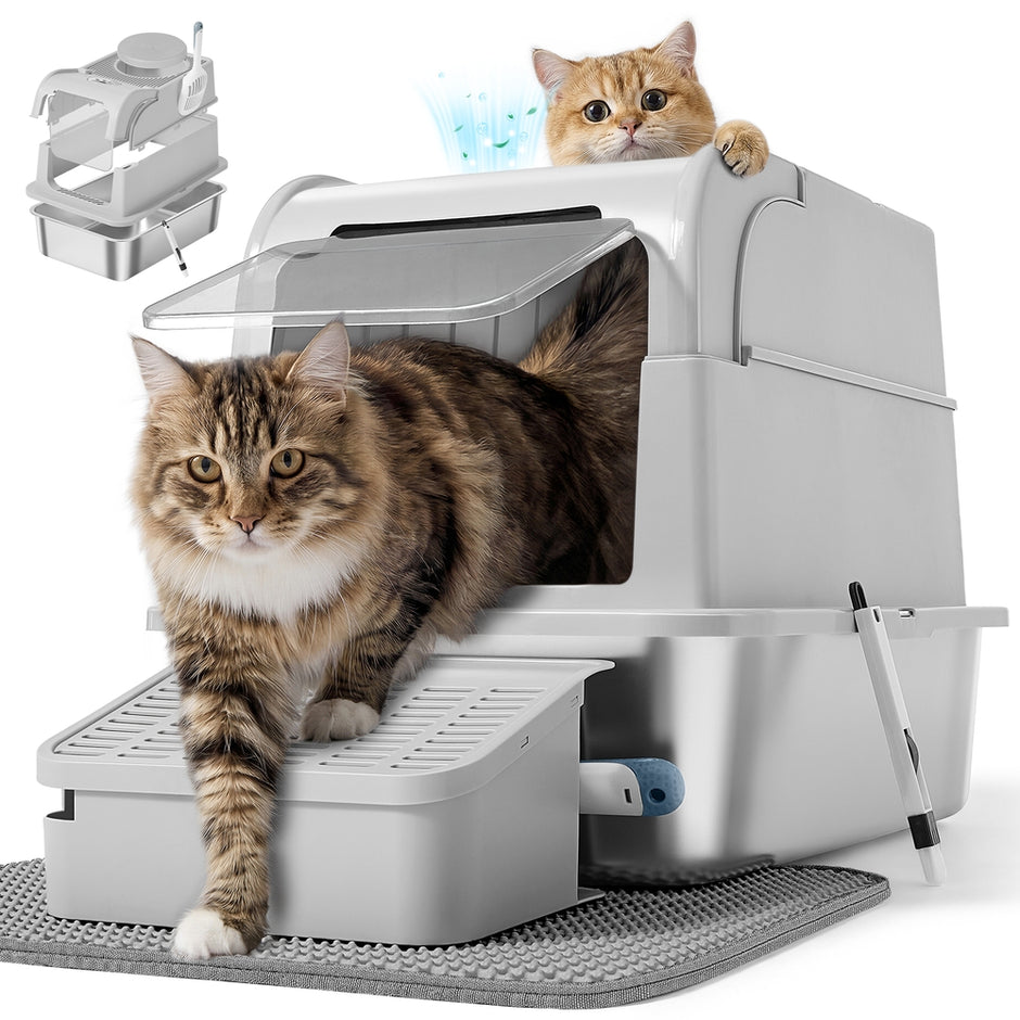 Gesloten Kattenbak - Roestvrij Staal - 2 Ingangen - Met Schepje - Zilvergrijs