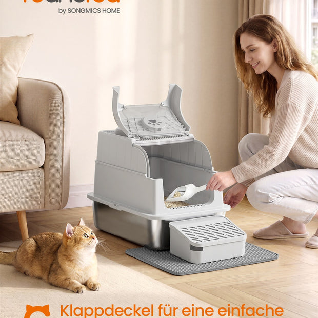 Gesloten Kattenbak - Roestvrij Staal - 2 Ingangen - Met Schepje - Zilvergrijs