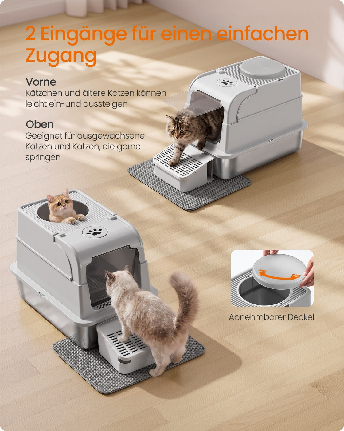 Gesloten Kattenbak - Roestvrij Staal - 2 Ingangen - Met Schepje - Zilvergrijs