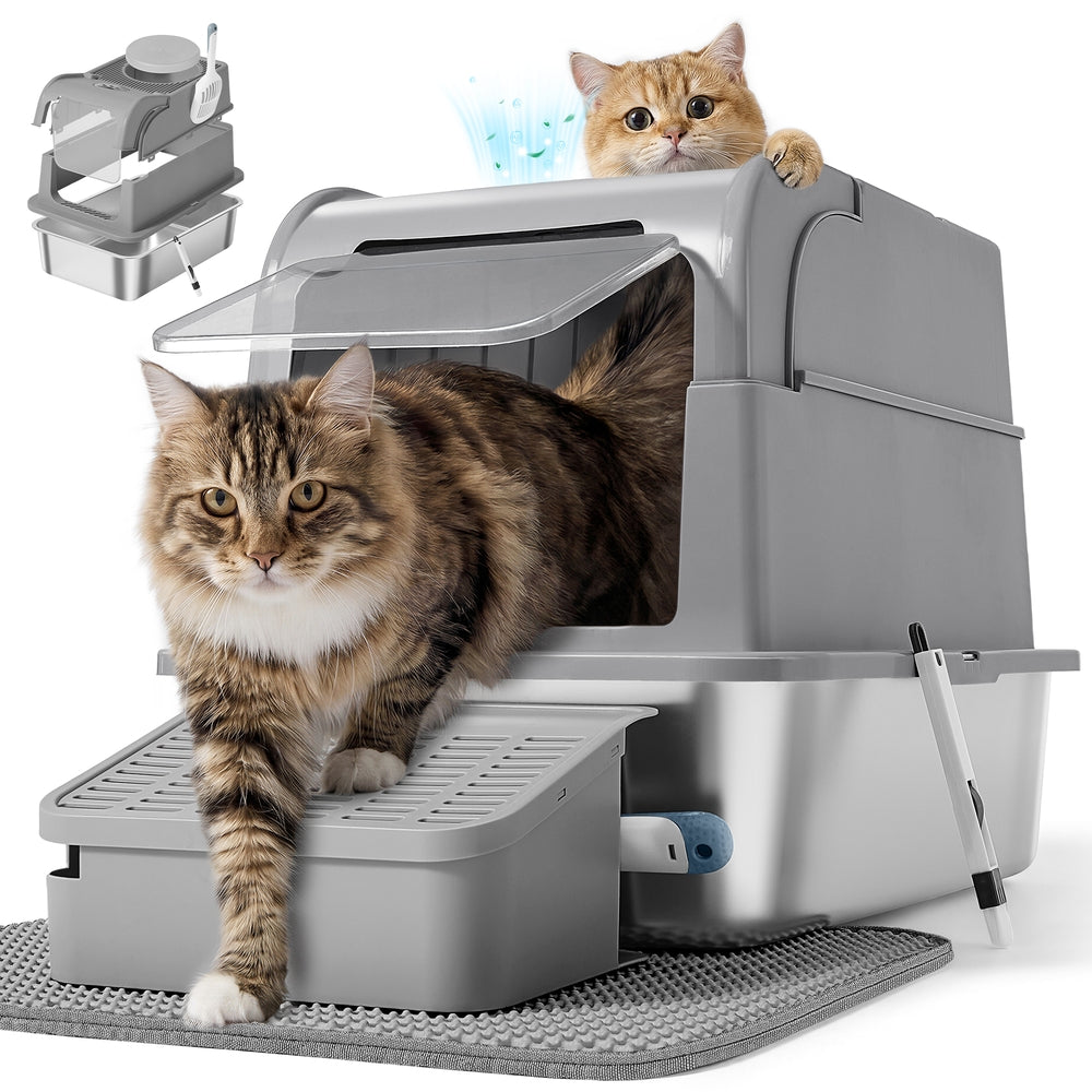 Gesloten Kattenbak - Roestvrij Staal - 2 Ingangen - Met Schepje - Duifgrijs
