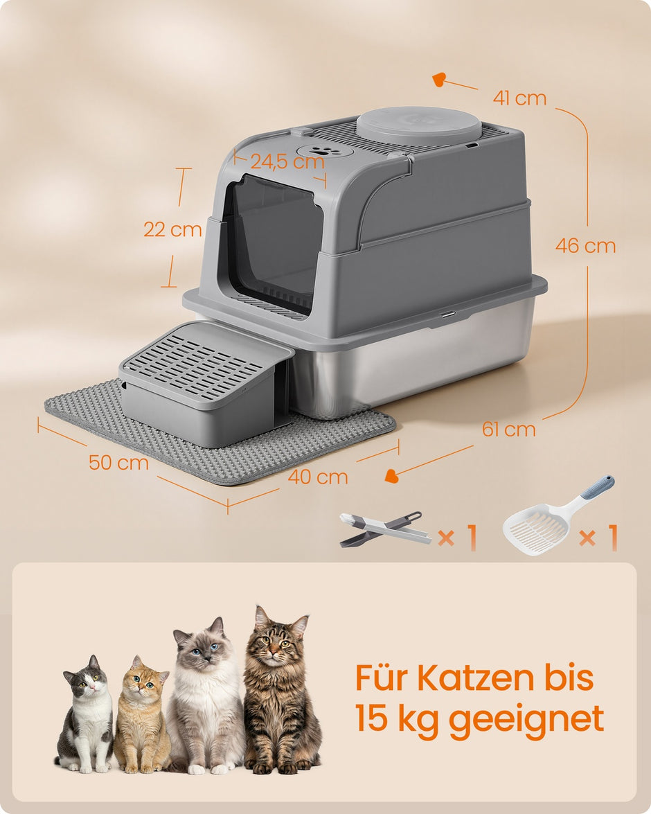Gesloten Kattenbak - Roestvrij Staal - 2 Ingangen - Met Schepje - Duifgrijs