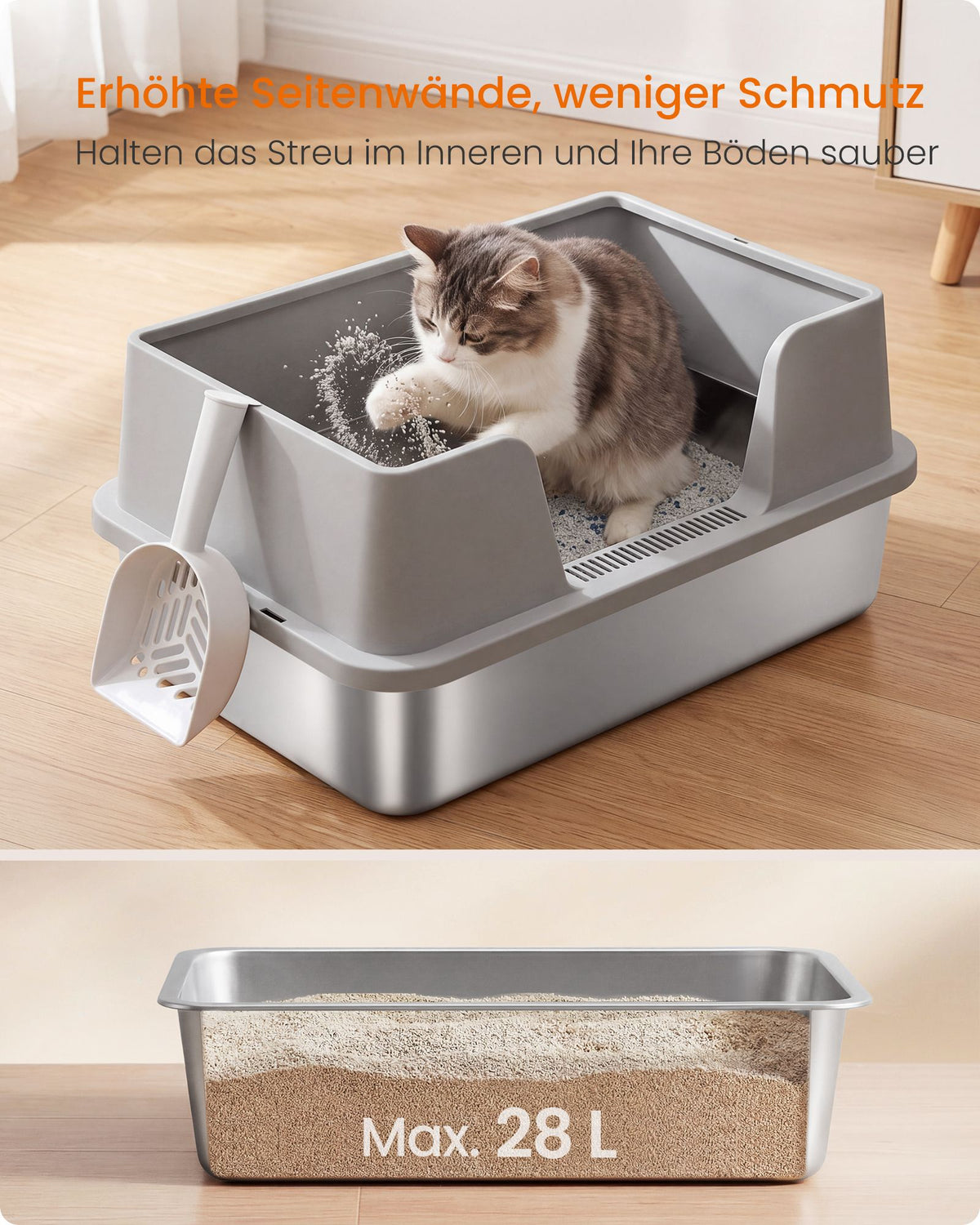 Kattenbak – Open – XXL – RVS – Hoge Rand en Lage Instap – Met Schepje – Lichtgrijs