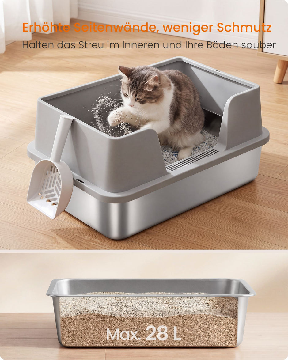 Kattenbak – Open – XXL – RVS – Hoge Rand en Lage Instap – Met Schepje – Lichtgrijs
