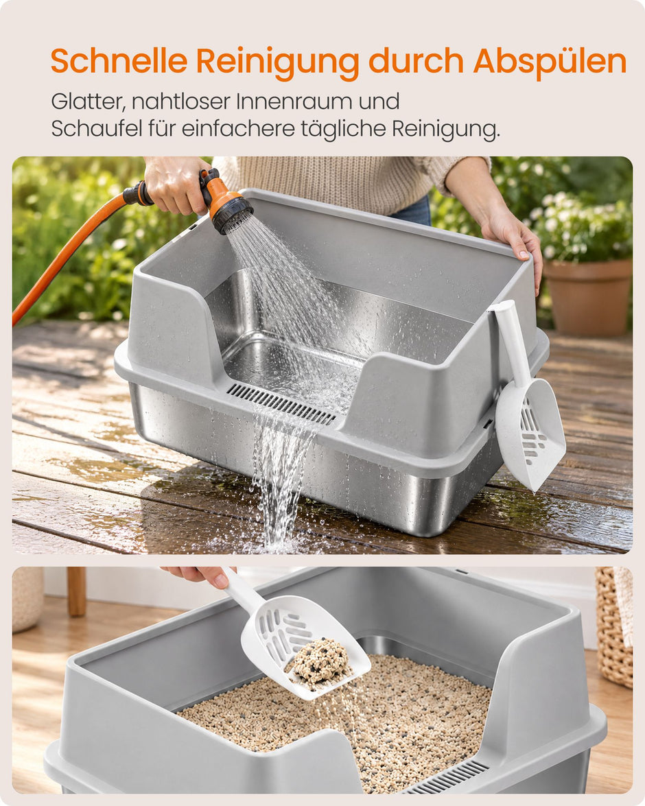 Kattenbak – Open – XXL – RVS – Hoge Rand en Lage Instap – Met Schepje – Lichtgrijs