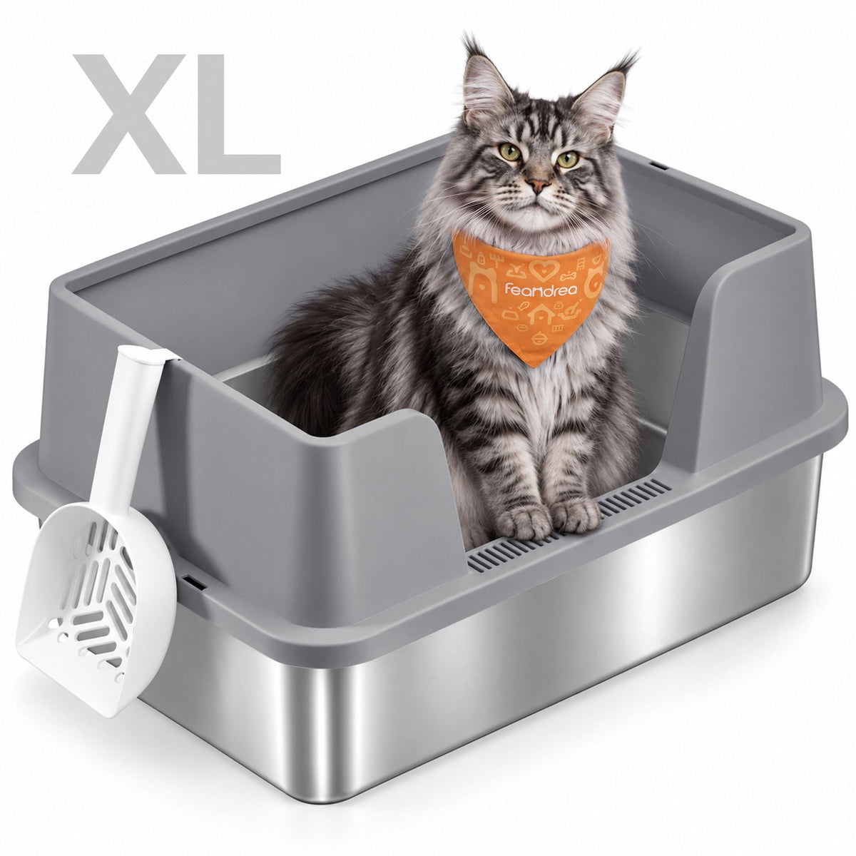 Kattenbak – Open – XXL – RVS – Hoge Rand en Lage Instap – Met Schepje – Duifgrijs