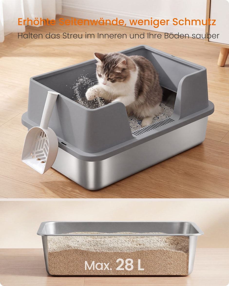 Kattenbak – Open – XXL – RVS – Hoge Rand en Lage Instap – Met Schepje – Duifgrijs