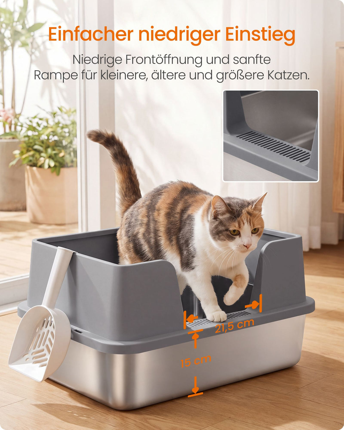 Kattenbak – Open – XXL – RVS – Hoge Rand en Lage Instap – Met Schepje – Duifgrijs