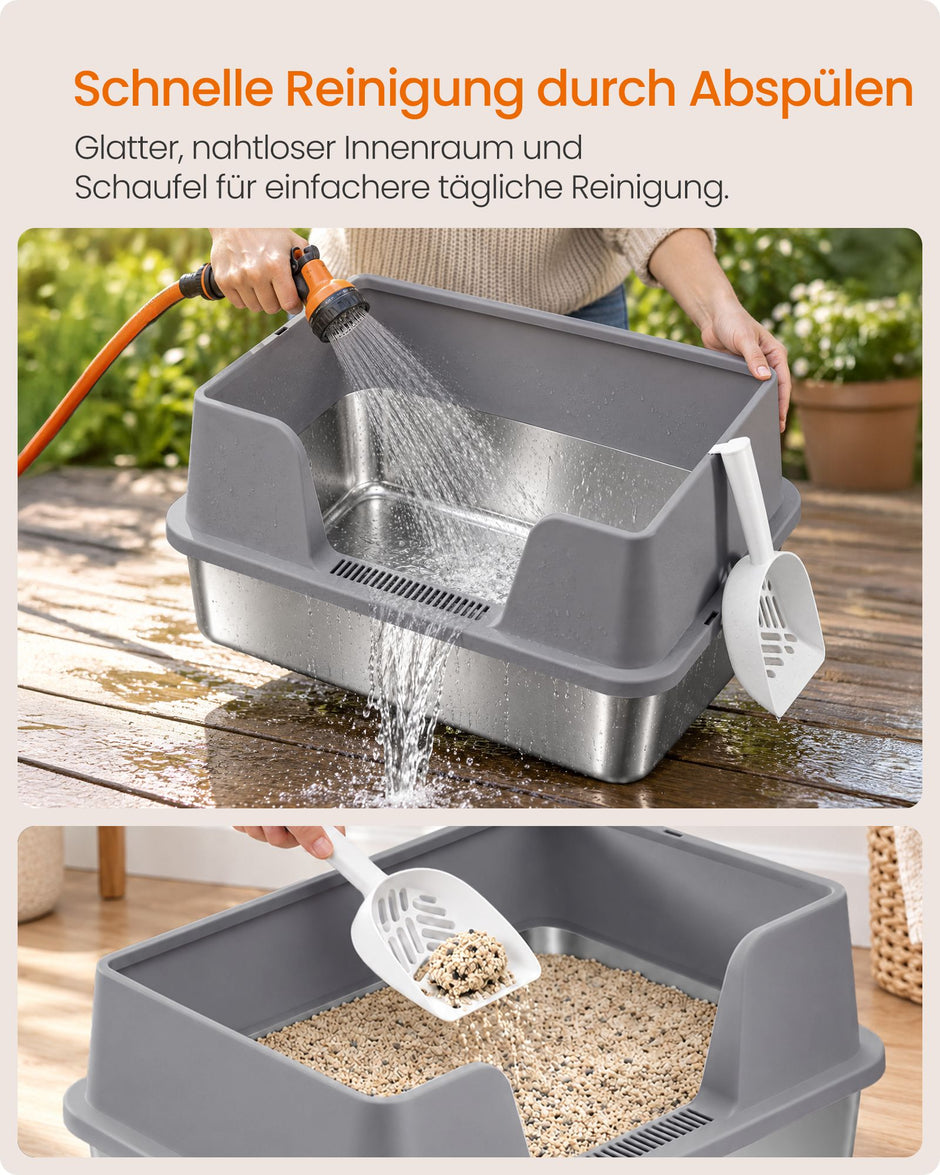 Kattenbak – Open – XXL – RVS – Hoge Rand en Lage Instap – Met Schepje – Duifgrijs