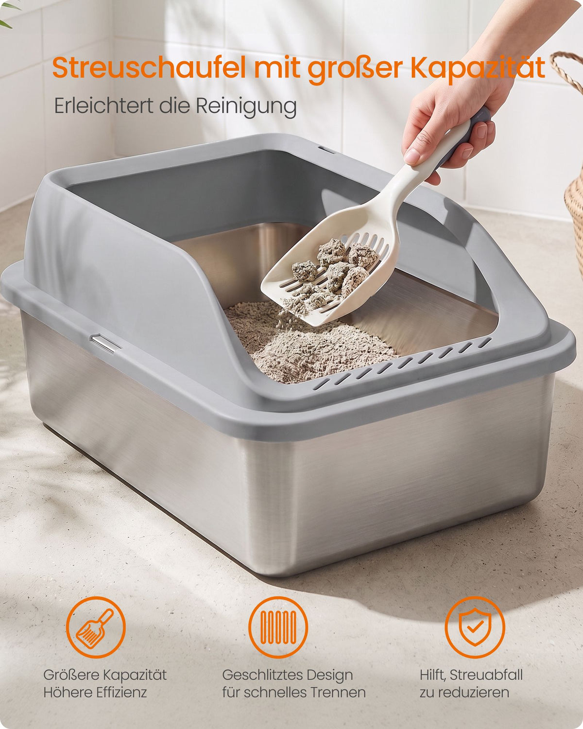 Kattenbak – Open – XXL – RVS – 26 L – Hoge Rand – Met Schepje – Duifgrijs