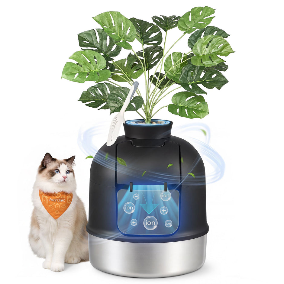 Kattenbak – Gesloten – XXL – RVS – Met Decoratieve Plant en Geurbeheersing – Inktzwart en Zilver