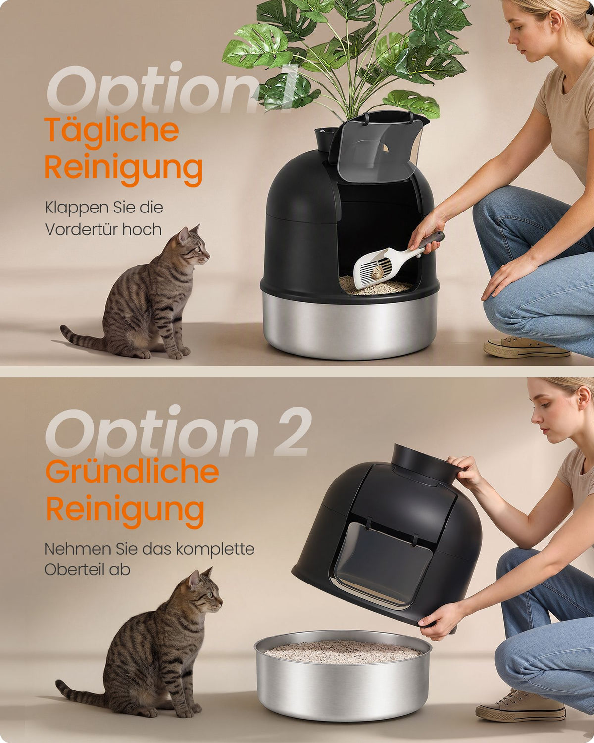 Kattenbak – Gesloten – XXL – RVS – Met Decoratieve Plant en Geurbeheersing – Inktzwart en Zilver
