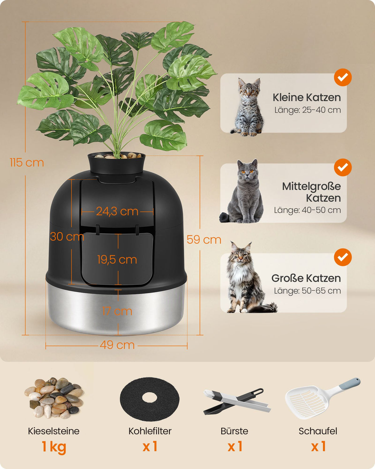 Kattenbak – Gesloten – XXL – RVS – Met Decoratieve Plant en Geurbeheersing – Inktzwart en Zilver