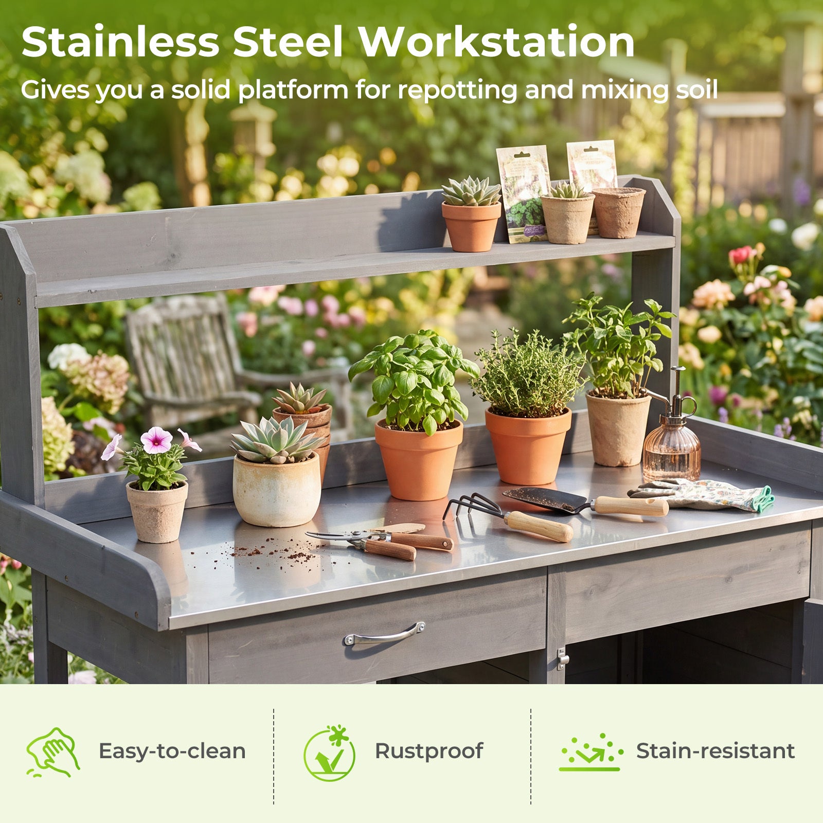 Planterbord – med rostfri plåt, trädgårdsarbetsbord låda, underskåp och hylla, cm, Grått – 112 x 46,5 x 125