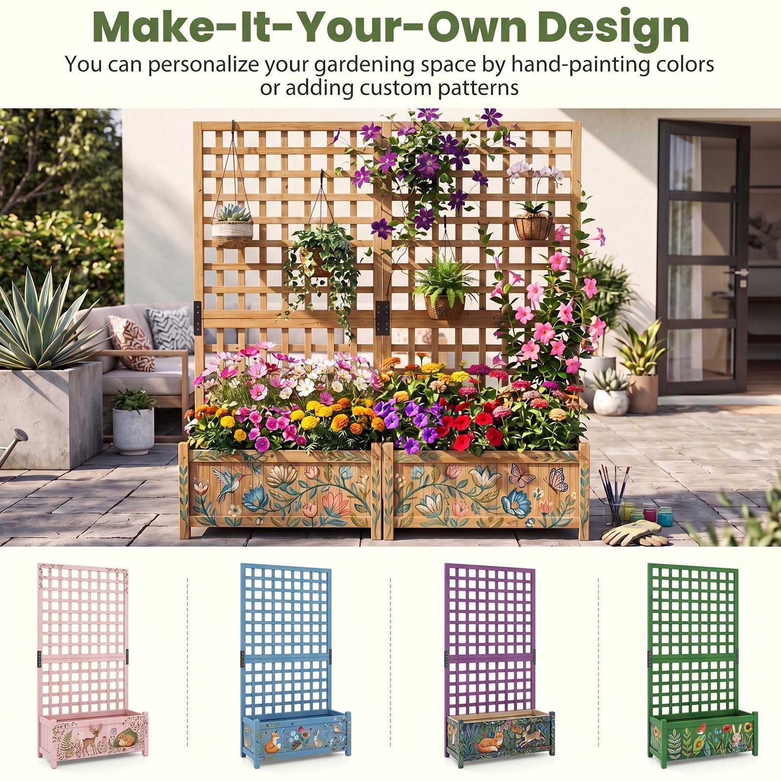 Planteringslåda – med klättergaller upphöjd planteringsbädd av massiv trä för blommor och klätterväxter – 76 x 32 x 143 cm – Orange