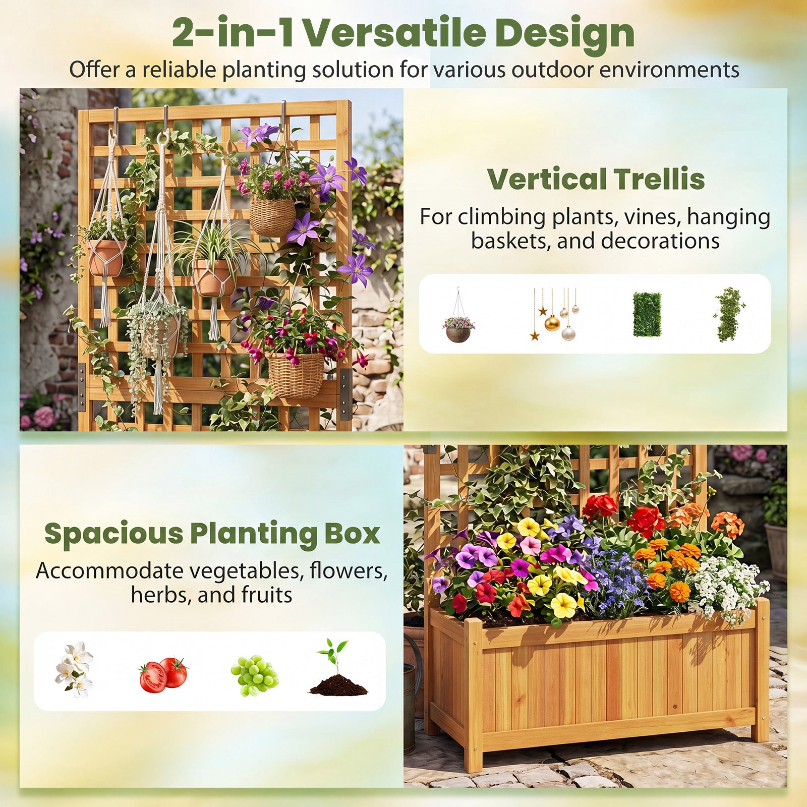 Planteringslåda – med klättergaller upphöjd planteringsbädd av massiv trä för blommor och klätterväxter – 76 x 32 x 143 cm – Orange
