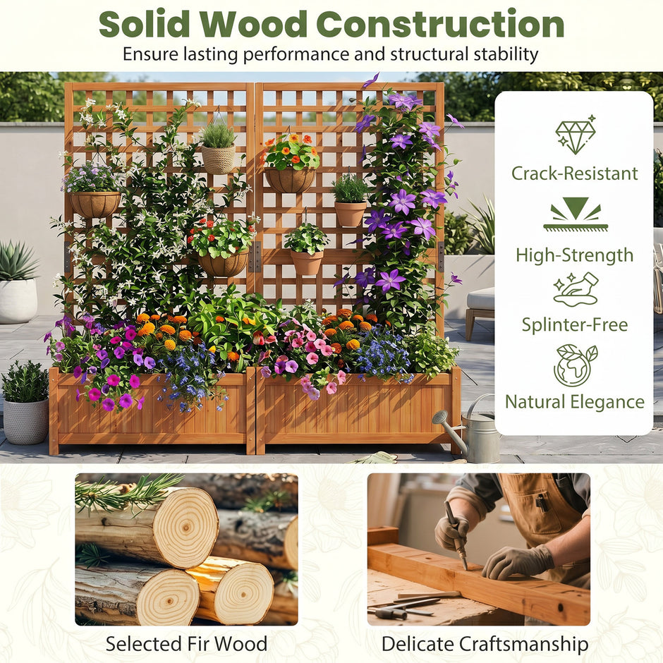 Planteringslåda – med klättergaller upphöjd planteringsbädd av massiv trä för blommor och klätterväxter – 76 x 32 x 143 cm – Orange