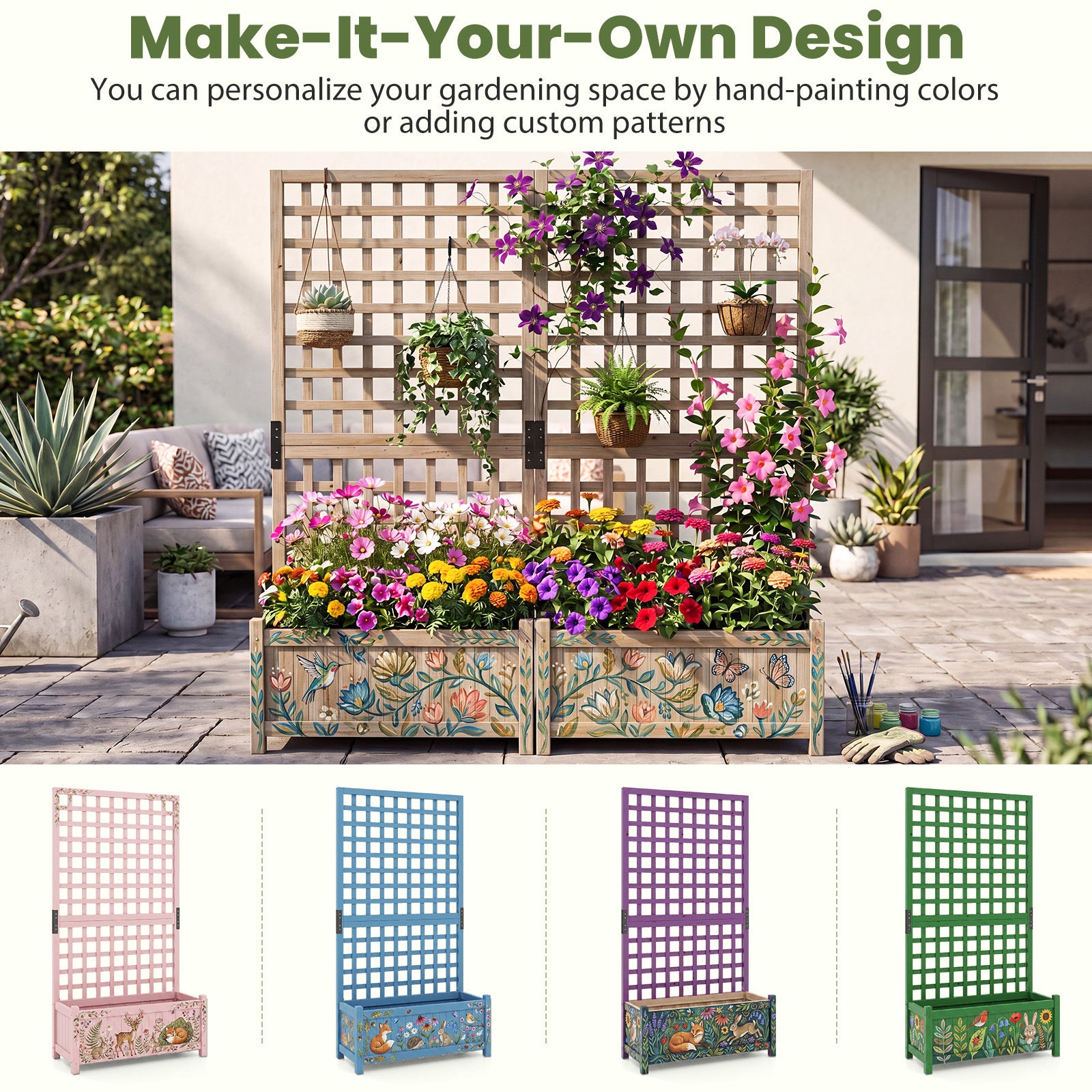 Planteringslåda – med klättergaller upphöjd planteringsbädd av massiv trä för blommor och klätterväxter blomsterbädd – 76 x 32 x 143 cm – Natur