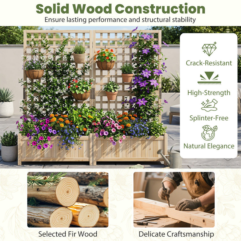 Planteringslåda – med klättergaller upphöjd planteringsbädd av massiv trä för blommor och klätterväxter blomsterbädd – 76 x 32 x 143 cm – Natur