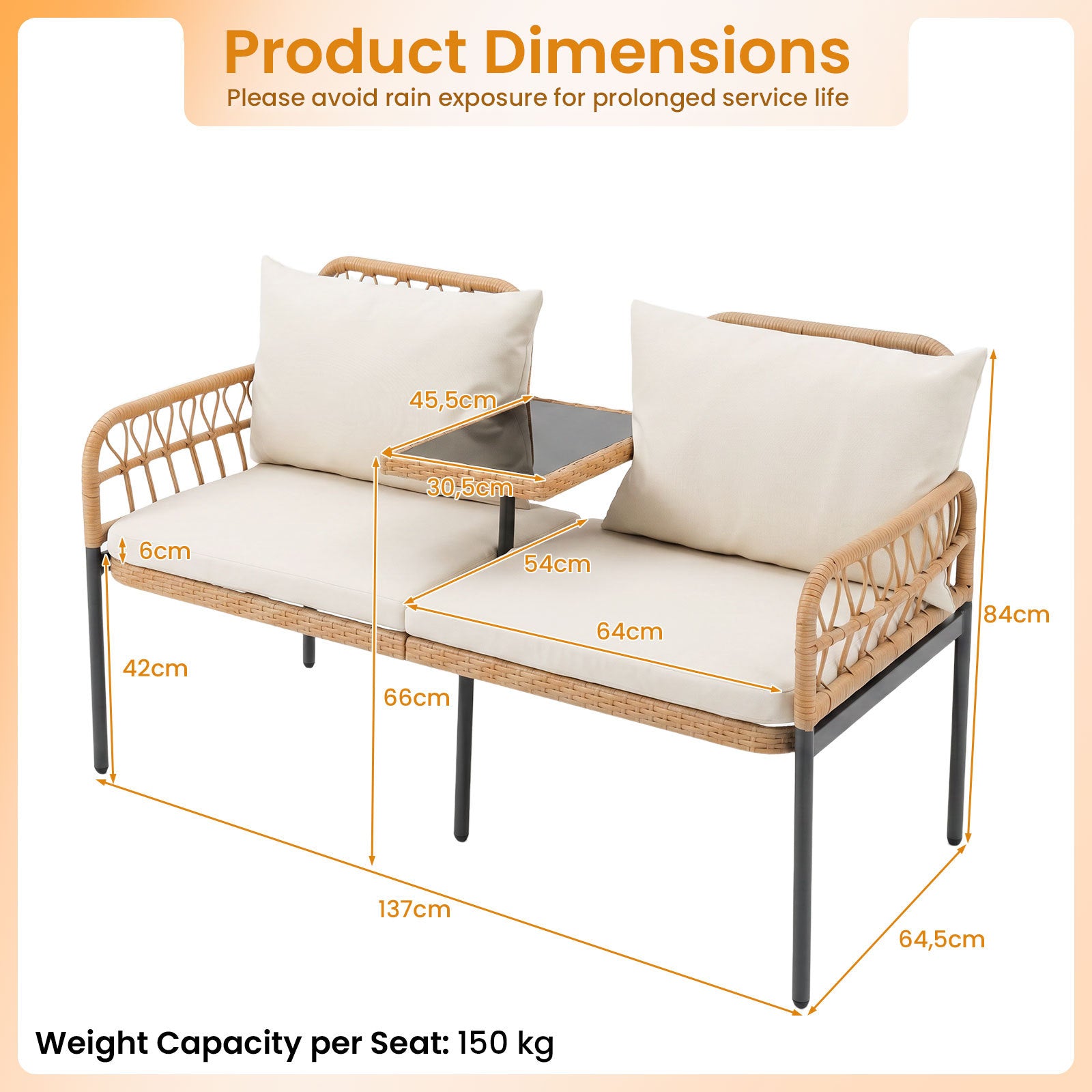 Polyrotting – trädgårdsbänk med dynor sits balkongbänk bord i härdat glas – 2 137 x 64 x 84 cm – Natur