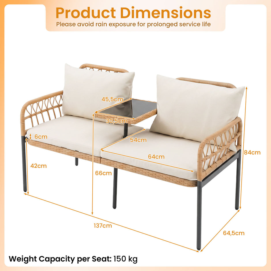 Polyrotting – trädgårdsbänk med dynor sits balkongbänk bord i härdat glas – 2 137 x 64 x 84 cm – Natur