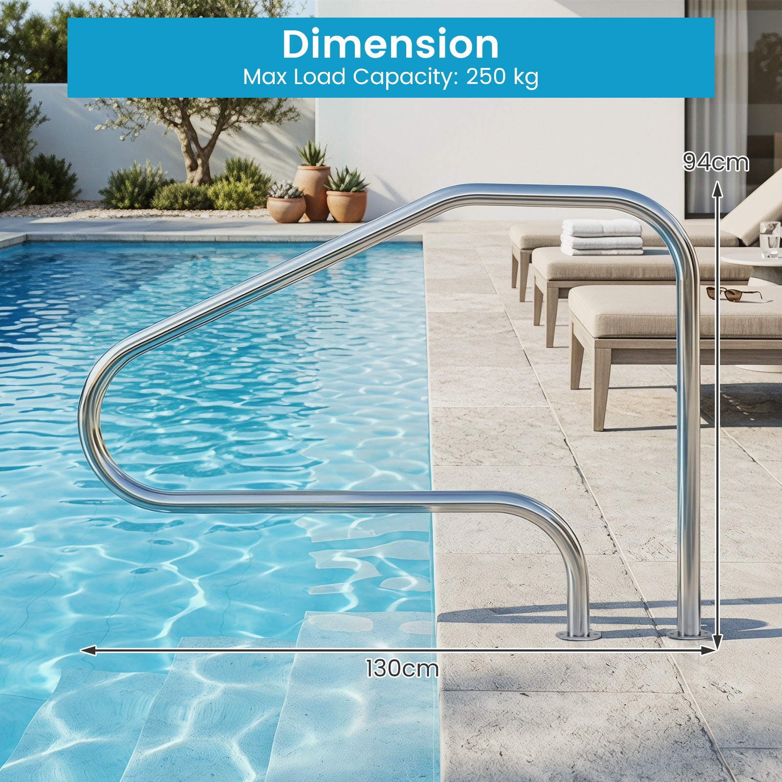 Poolräcke – Stödräcke i rostfritt stål Säkerhetshandtag för simbassänger Bärkapacitet upp till – 130 x 94 cm 180 kg – Silver