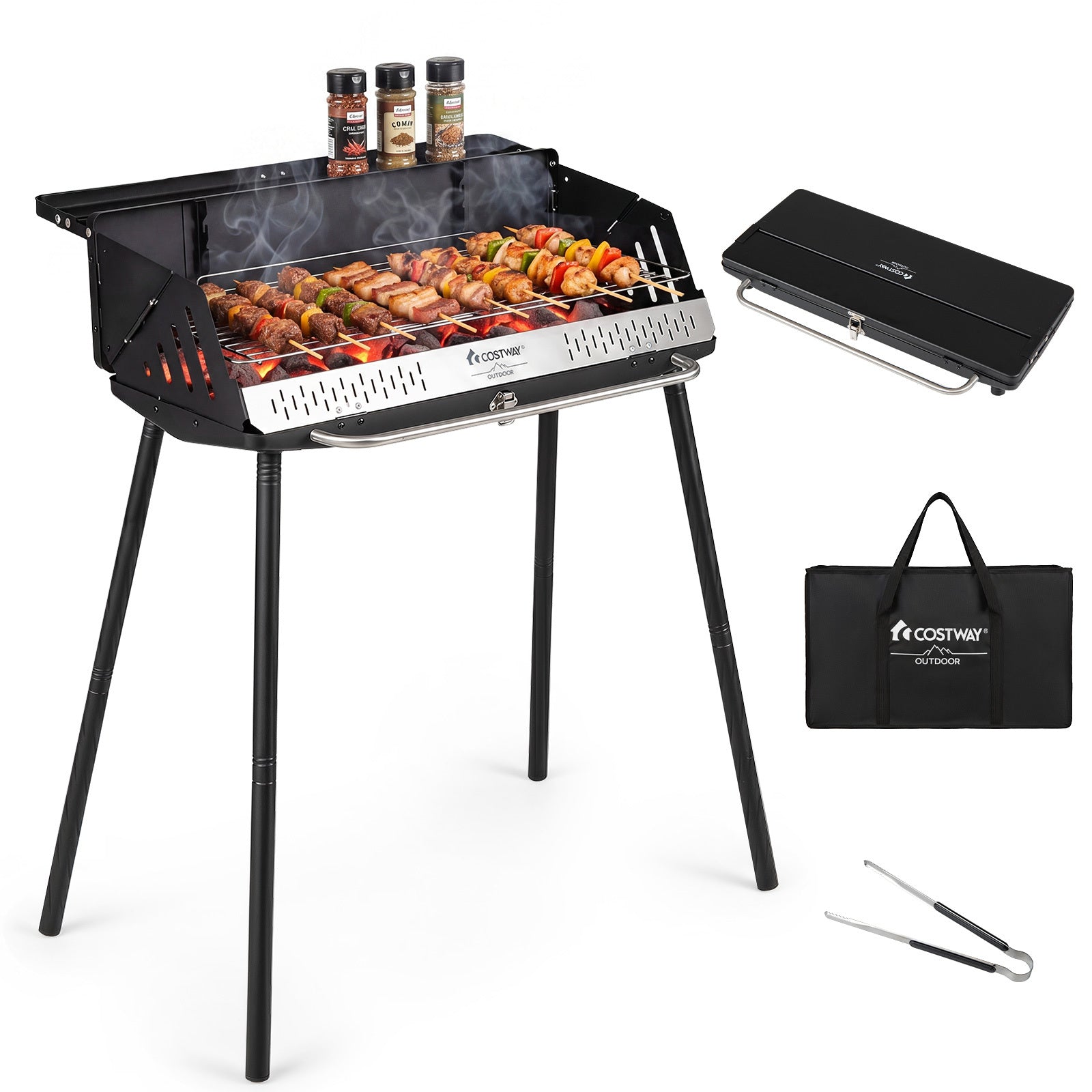 Portabel – kolgrill med tre höjdinställningar, campinggrill tvågrads galler och metallram