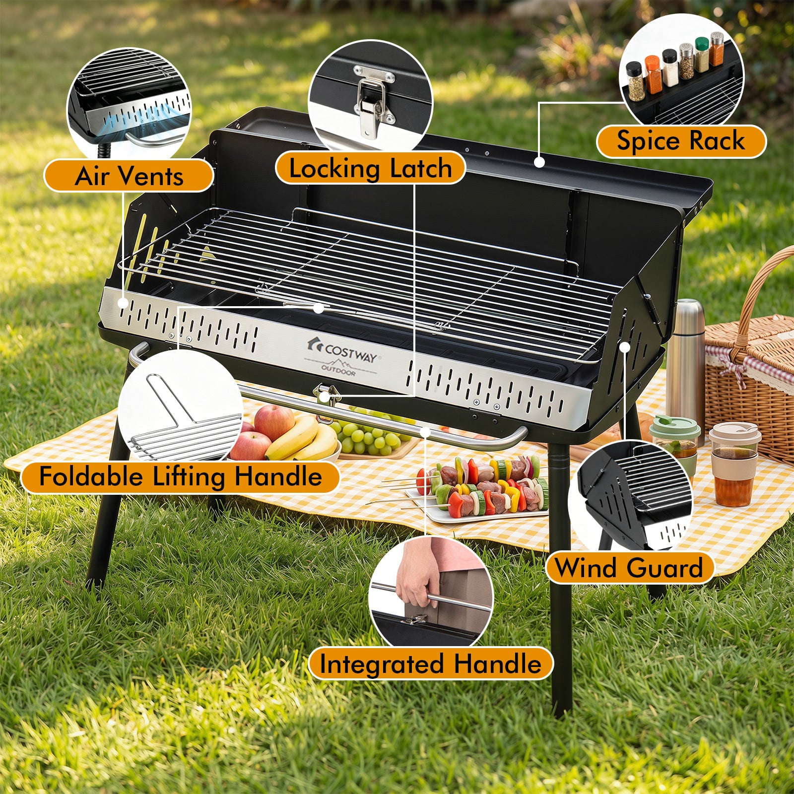 Portabel – kolgrill med tre höjdinställningar, campinggrill tvågrads galler och metallram