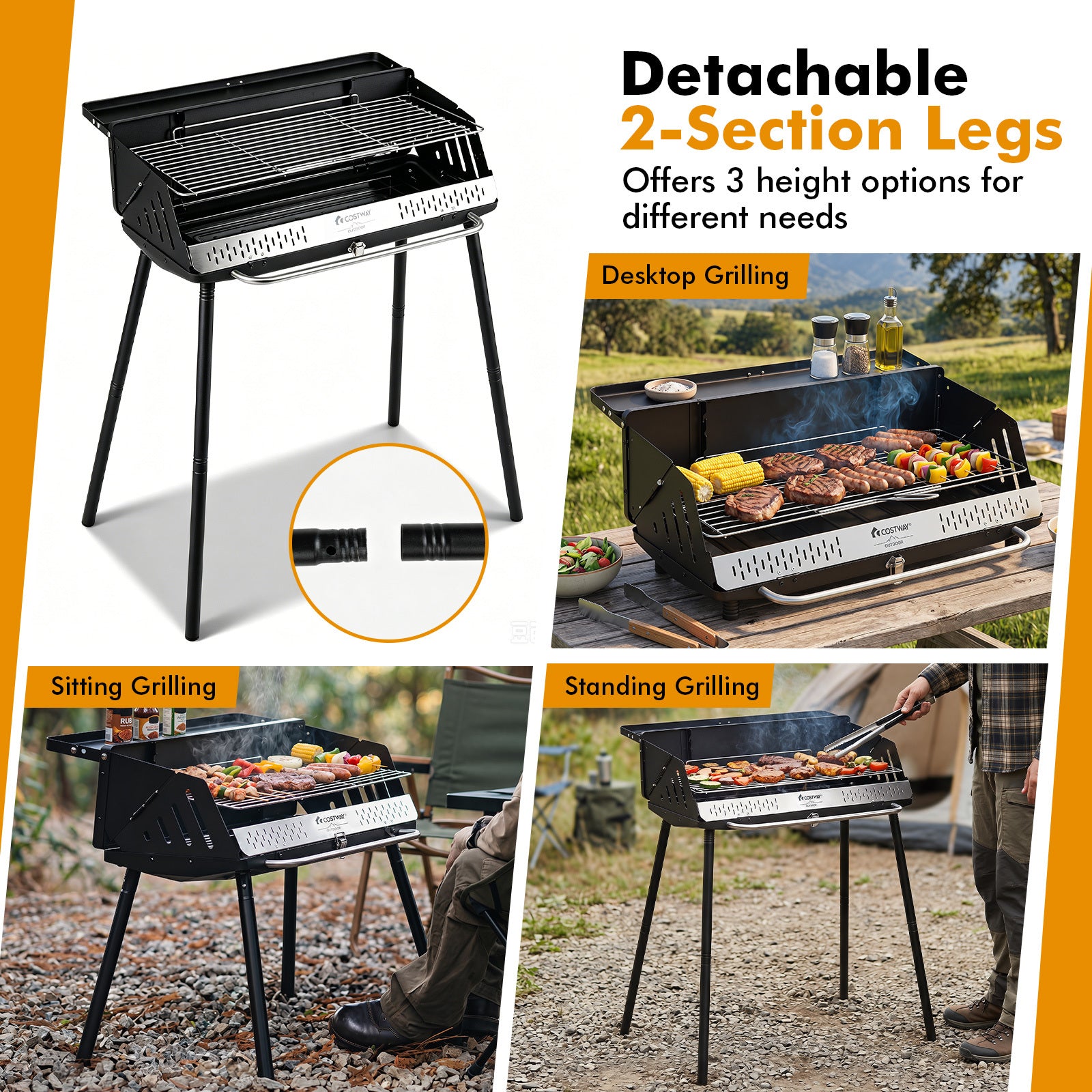 Portabel – kolgrill med tre höjdinställningar, campinggrill tvågrads galler och metallram