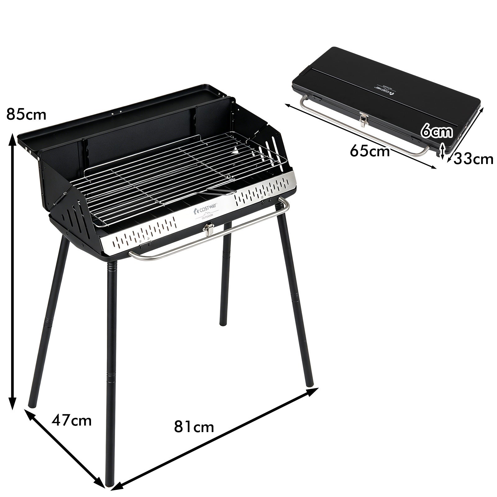 Portabel – kolgrill med tre höjdinställningar, campinggrill tvågrads galler och metallram