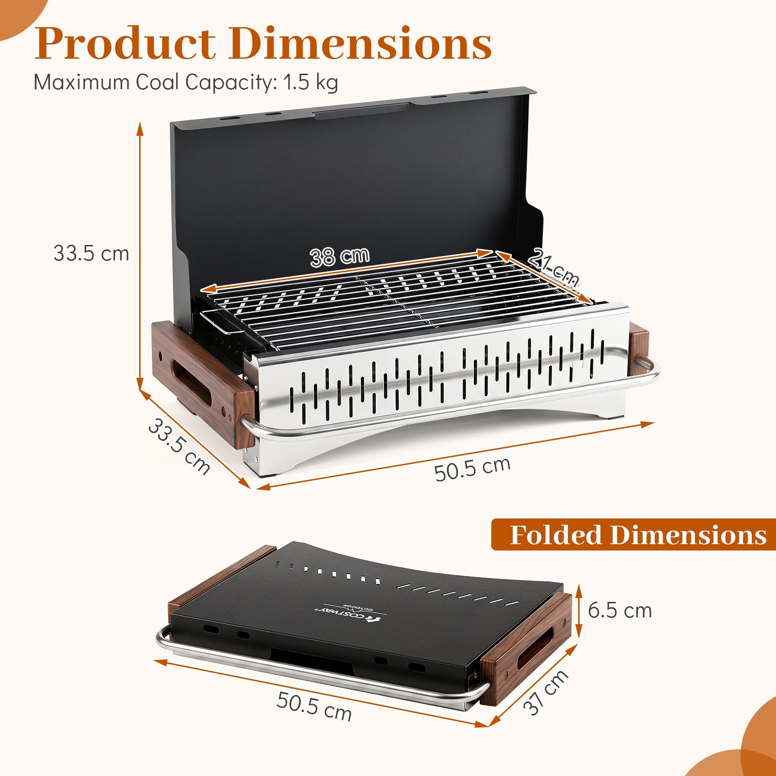 Portabel – utomhusgrill, vikbar kolgrill av metall för camping, – 50,5 x 33,5 x 33,5 cm