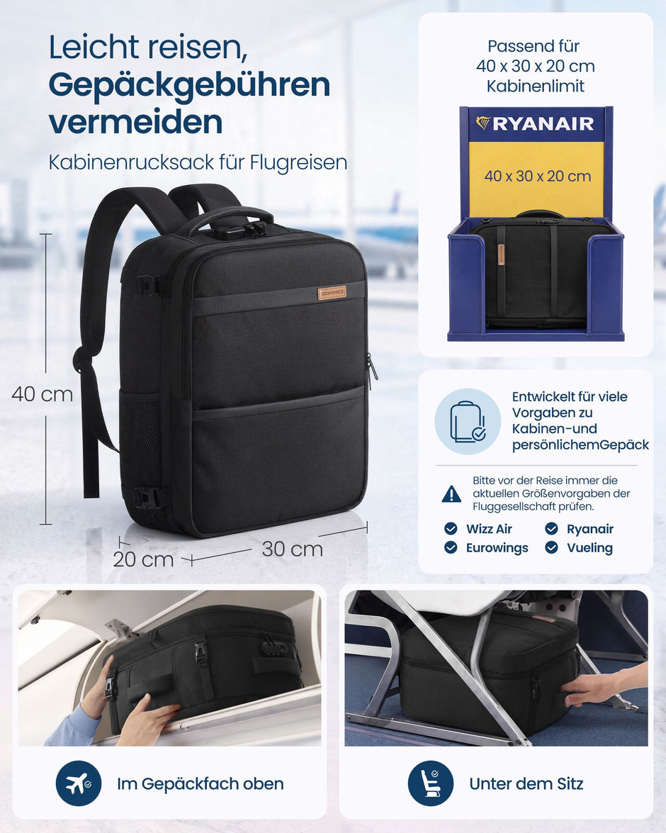 Handbagage Rugzak – 24 L – Laptopvak 17,3 Inch – Cijferslot – Zwart