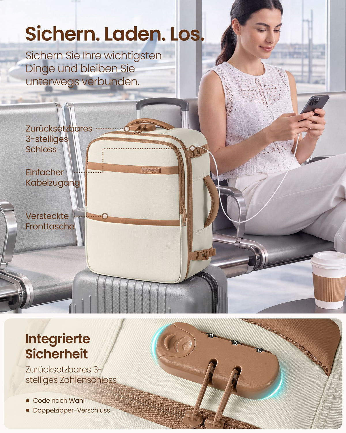Handbagage Rugzak – 24 L – Laptopvak 17,3 Inch – Cijferslot – Wit