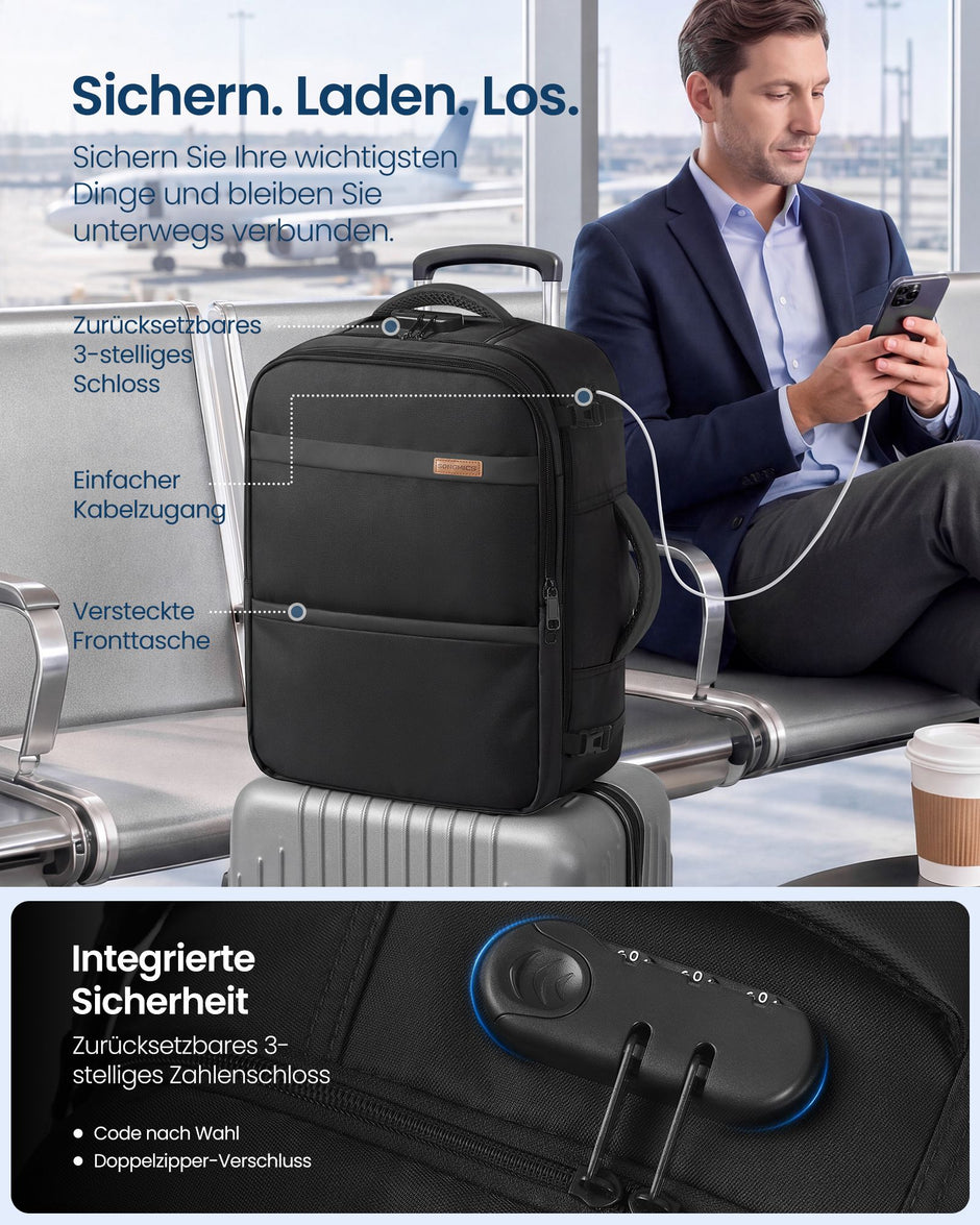 Handbagage Rugzak – 30 L – Laptopvak 15,6 Inch – Cijferslot – Zwart