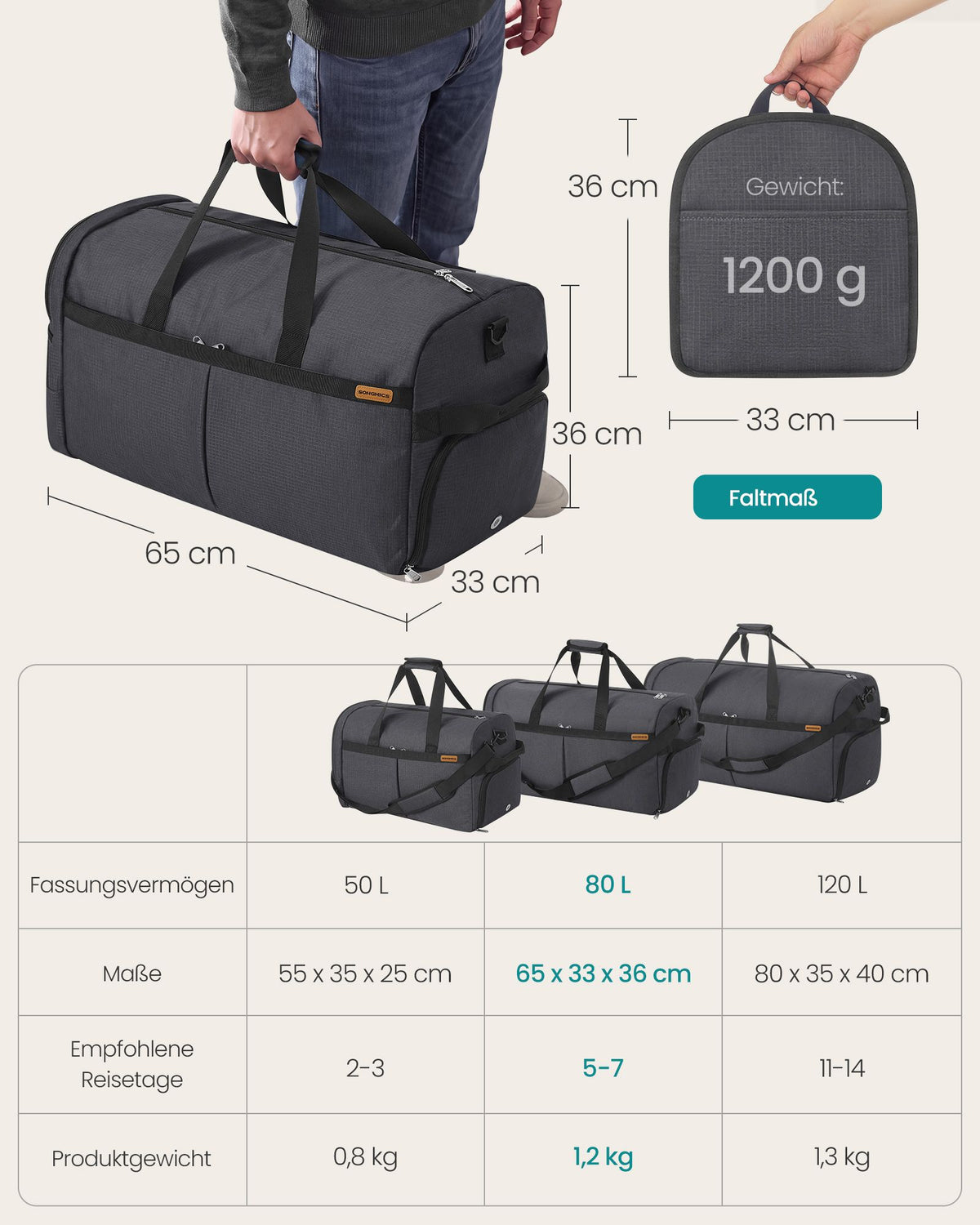 Opvouwbare Sporttas 80 L – Met Schoenenvak en Natvak – Weekendtas – Grijs
