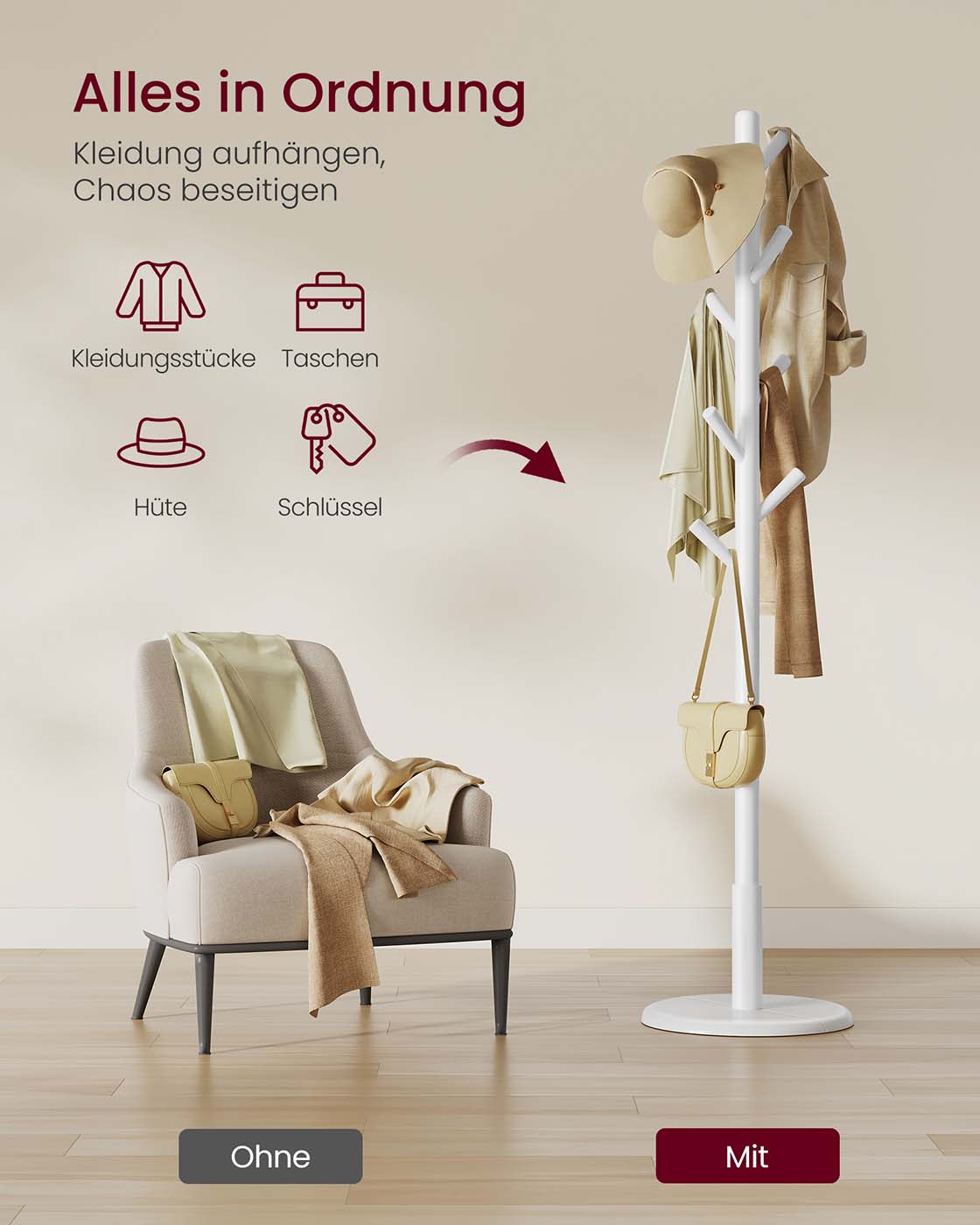 Klädhängare - Trädformad - 8 krokar av massivt trä - Hall eller entré