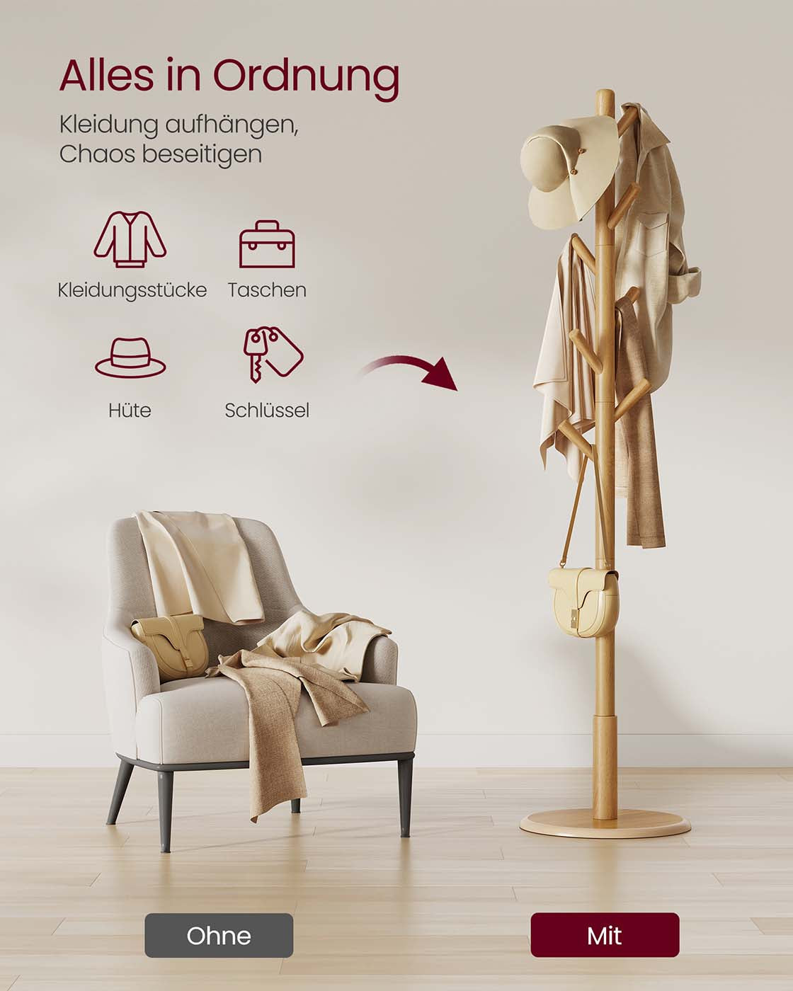 Klädhängare - Trädformad - 8 krokar av massivt trä - Hall eller entré