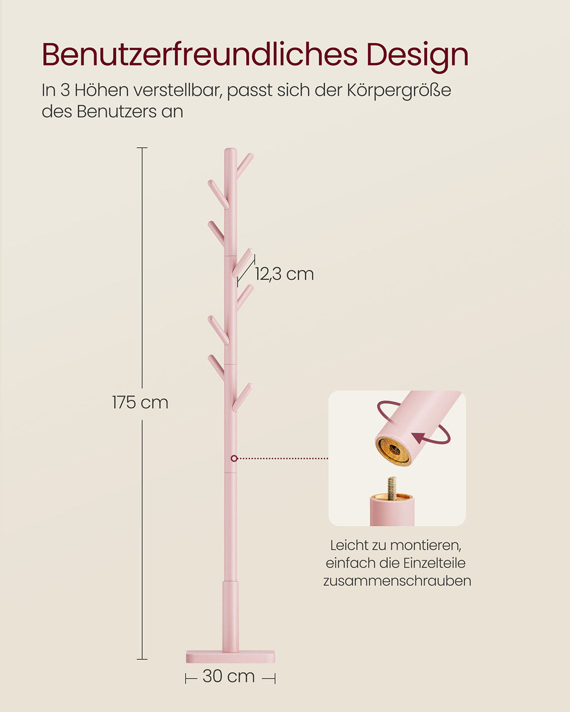 Kappa rack med massivt trä med 8 krokar, pastellrosa
