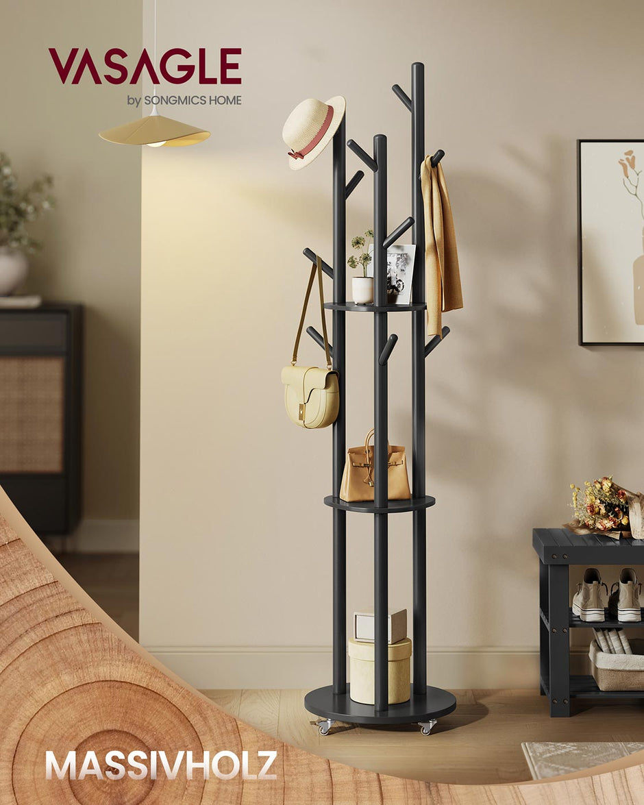 Klädhängare – massivt trä – krokar och hyllor – Ink Black