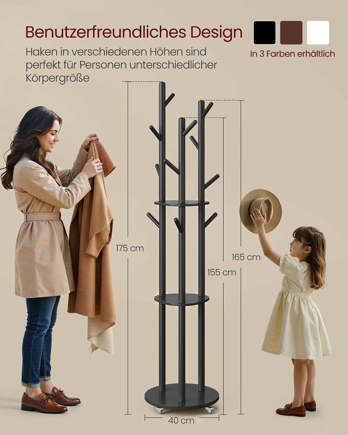 Klädhängare – massivt trä – krokar och hyllor – Ink Black